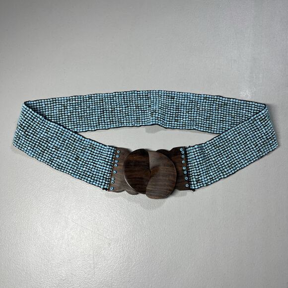 Boho Glass Beaded Stretchy Belt Turquoise Blue M/L Wooden Buckle Wide - Picture 1 of 9